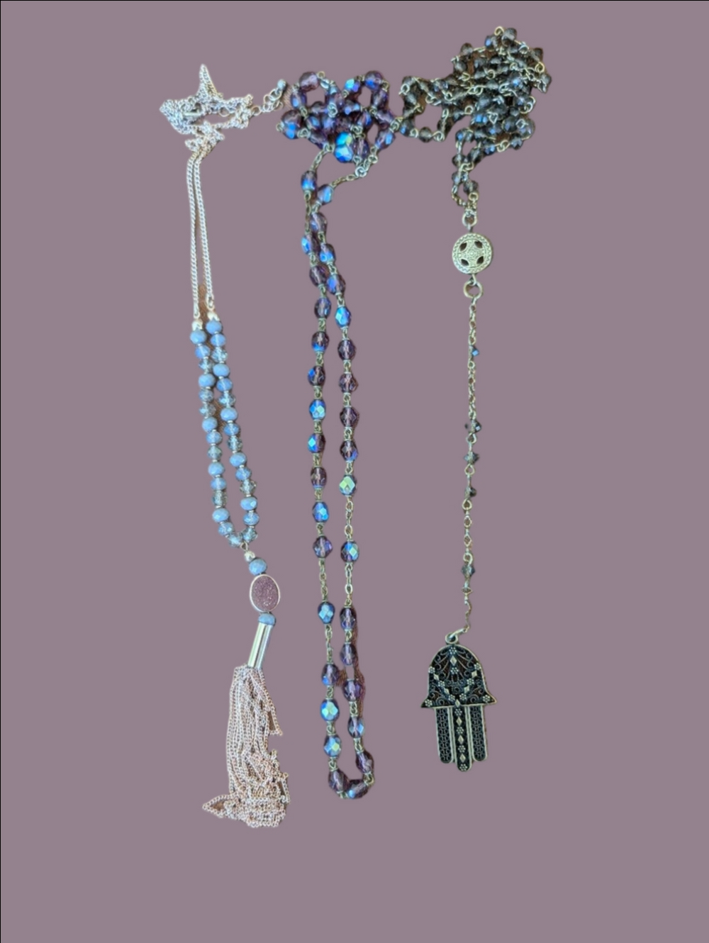 Vintage Necklace Bundle Of 3 Long Tassel  Purple Beaded  Hamsa Pendant